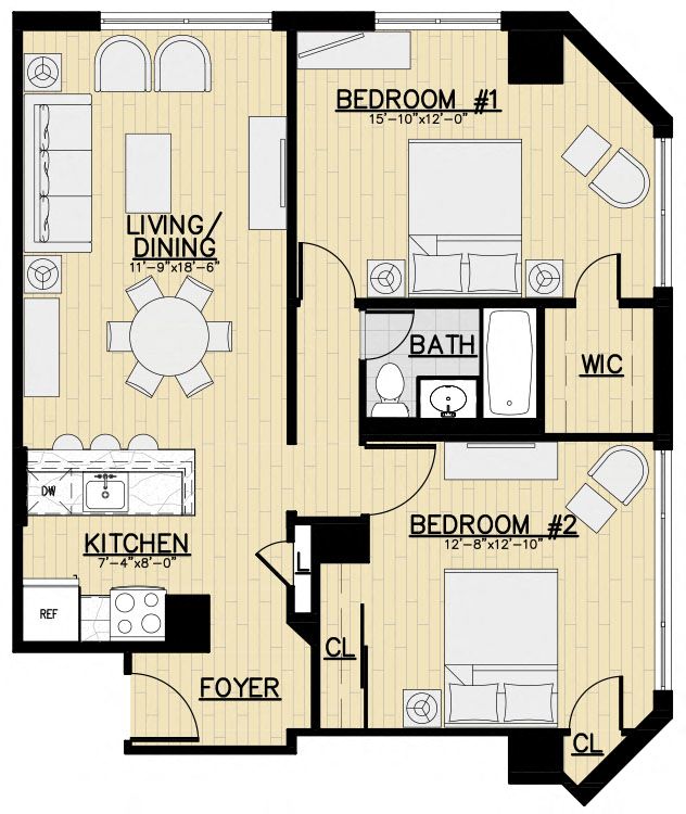 Floor plan for 2 beds, 1 bath, 918 sqft